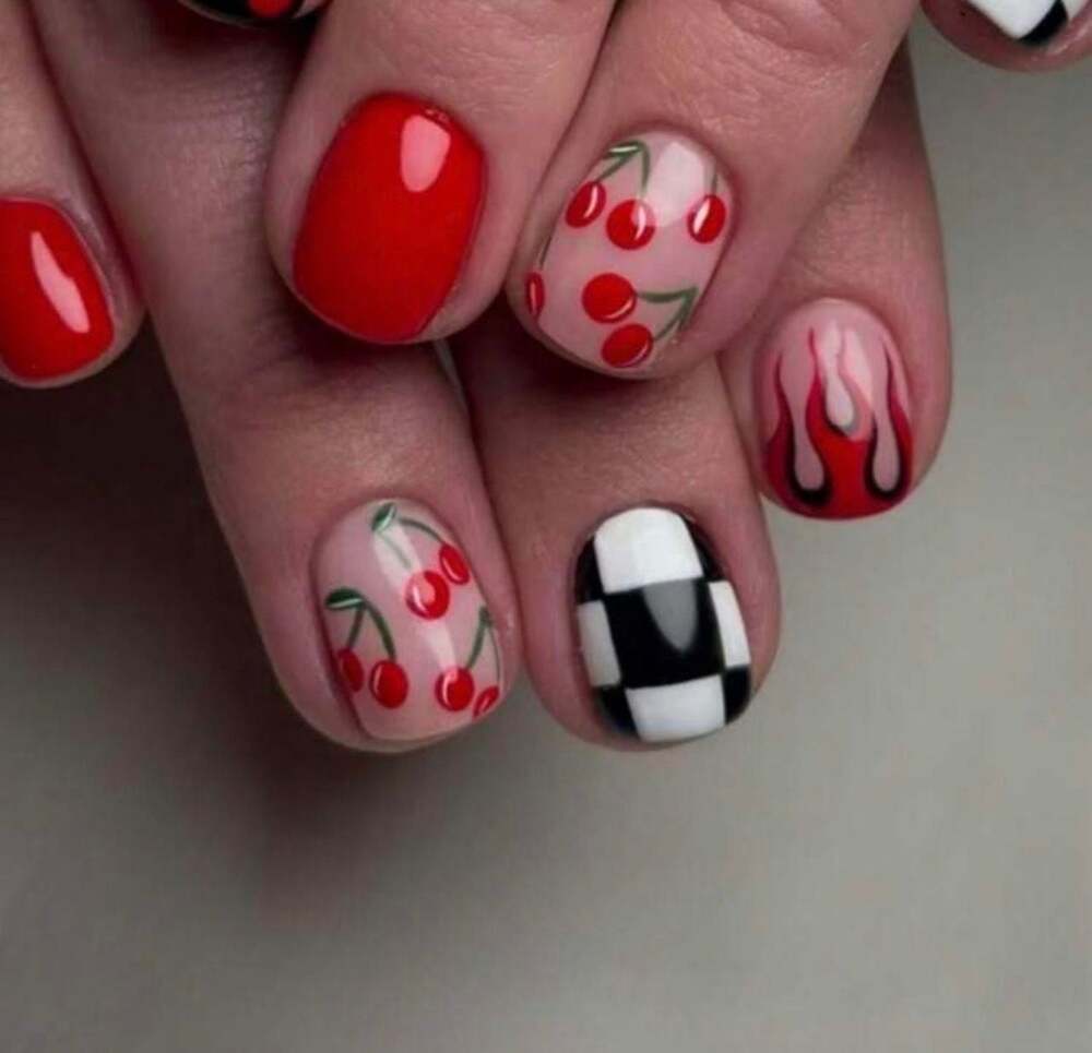 Cherry Flame and Checkerboard Press-On Nail Set